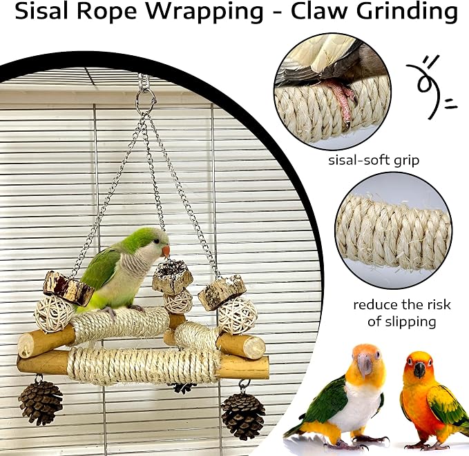 Natural Wood Bird Perch Stand & Large Bird Swing with Chew Toys, Intelligence Puzzle Platform and 3 Sisal-Wrapped Perches for Conure Cockatiel