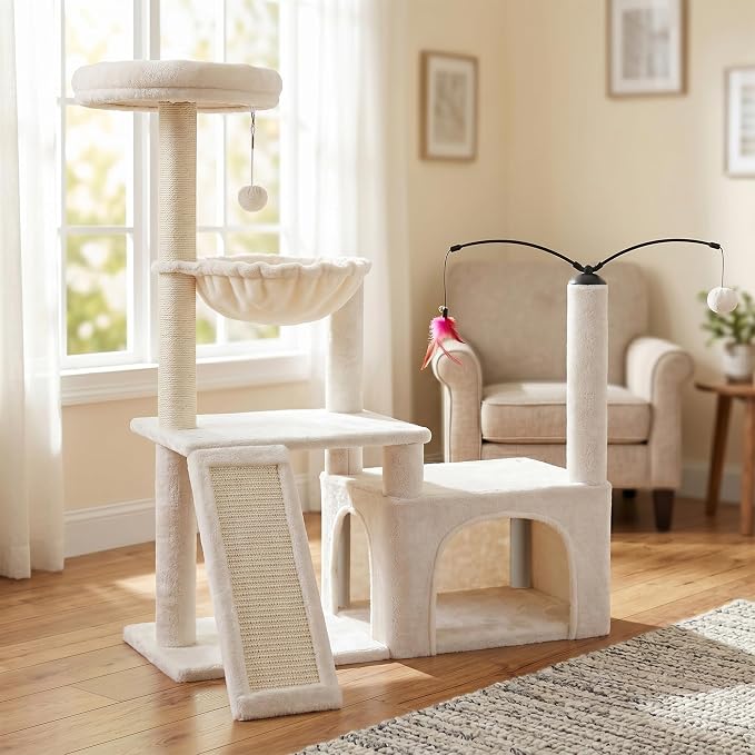 商品图片 YUNIQUE Multi-Functional Cat Tree Tower, Big Cat Condo with Scratching Board, Rotating Toy & Deep Hammock, Luxury Perch Kitty Furniture for Indoor Cats (White)