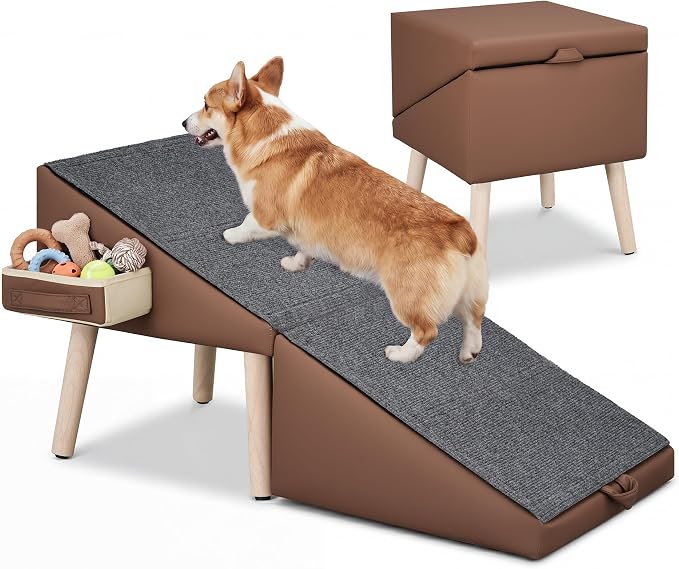 Dog Ramp for Couch and Bed, 17" H Stairs for Small to Medium Dogs and Cats Foldable Steps for Pets to Get on High Bed, Non-Slip Sturdy Ottoman Ramp with Storage Drawer, Brown