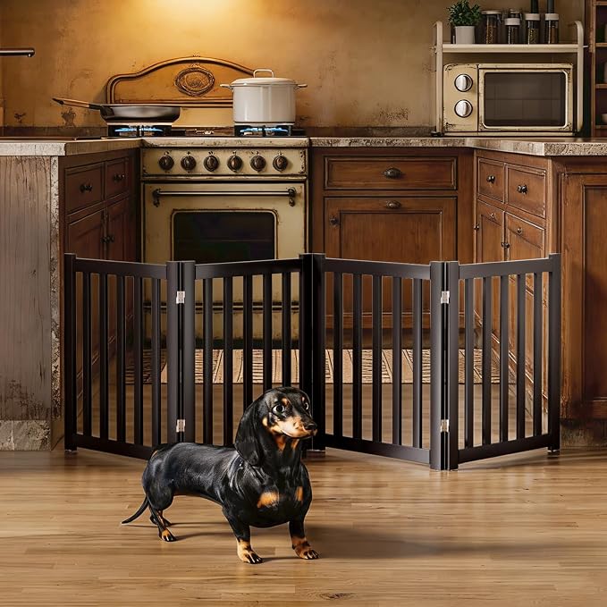 4-Panel Solid Wood Dog Gate - Freestanding Folding Pet Gate for Doorways, Stairs, Indoor, 24" Height, No Installation Needed, Black