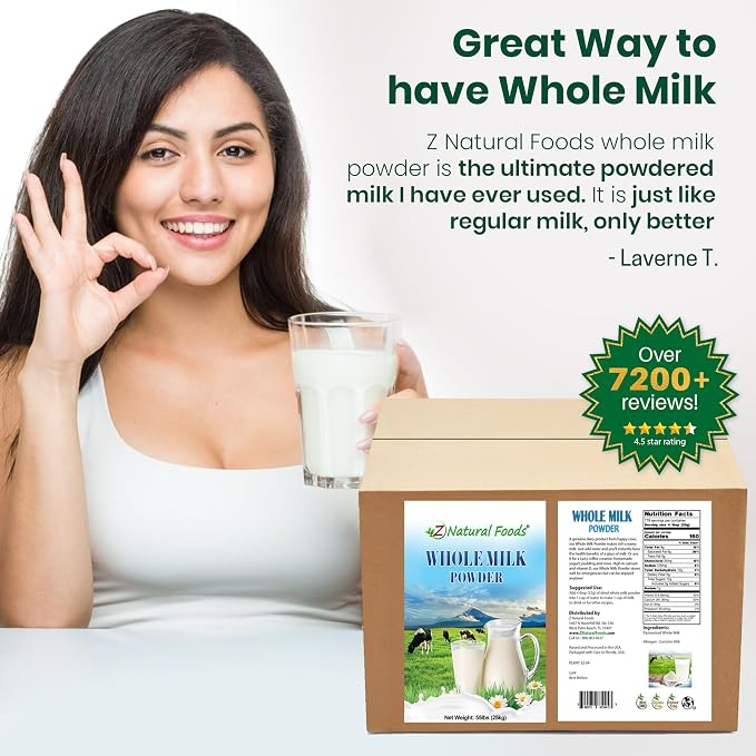 Z Natural Foods Premium Whole Milk Powder - Powdered Milk for Baking, Cooking, Drinks - Dry Milk Powder, Pasteurized, Non-GMO, Gluten-Free, Kosher-Certified, 55 lbs