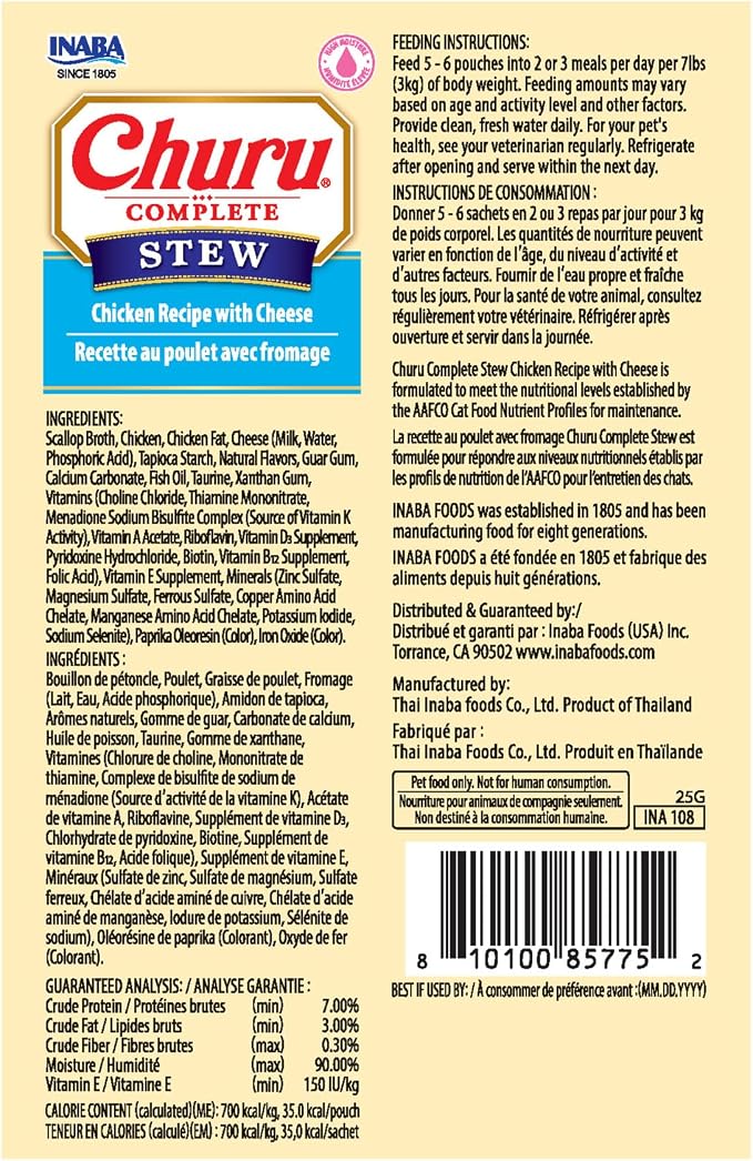INABA Churu Complete Stew for Cats, Grain-Free, High Protein & Moisture, Wet Cat Food with Fish Oil, 1.76oz. Pouch, 24 Pouches, Chicken with Cheese Recipe