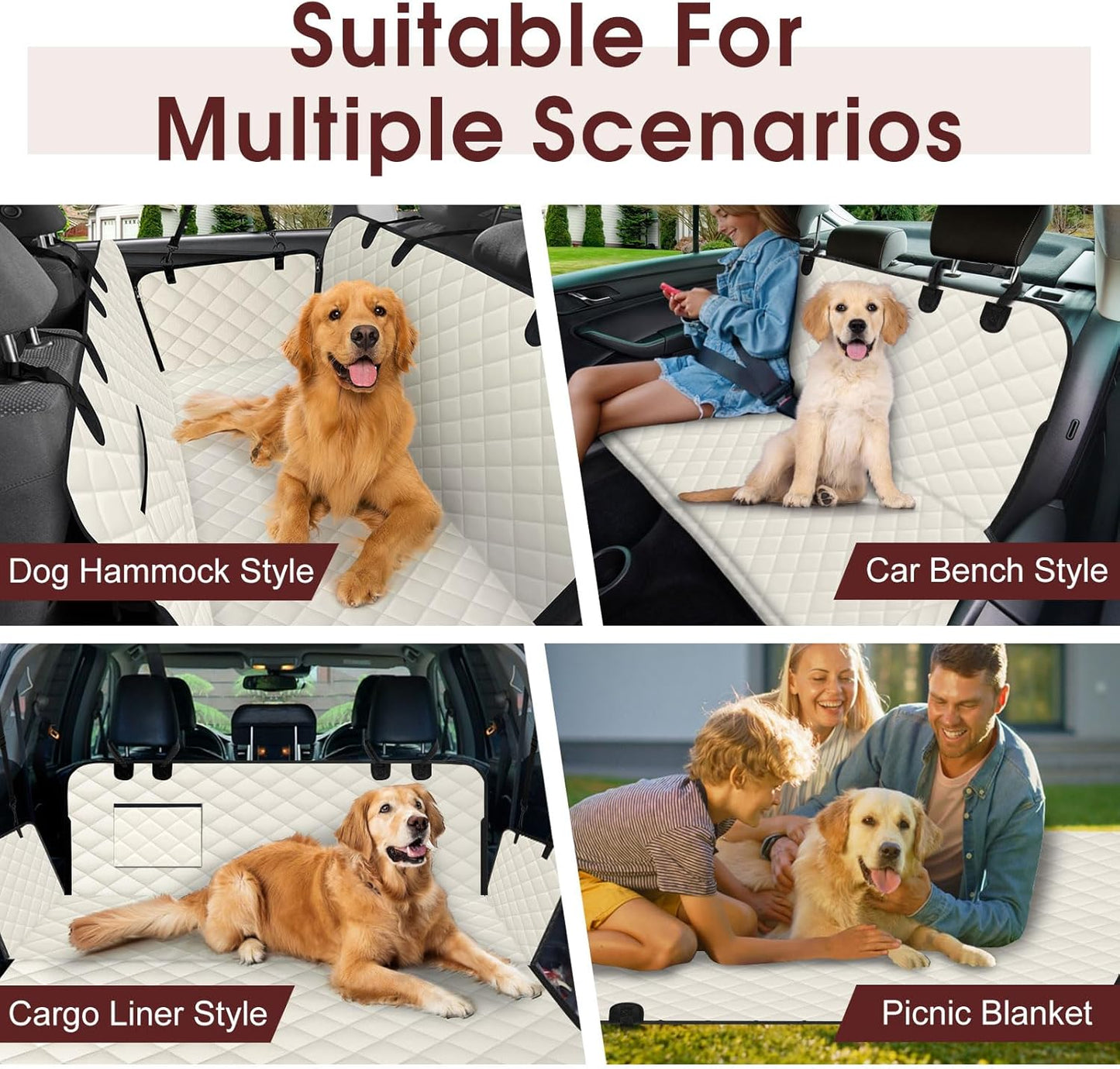 Dog Car Seat Cover, Durable Waterproof Scratch Proof Nonslip Dog Hammock, Pet Back Seat Covers with Pocket for Cars SUVs and Trucks - L, Beige/Black