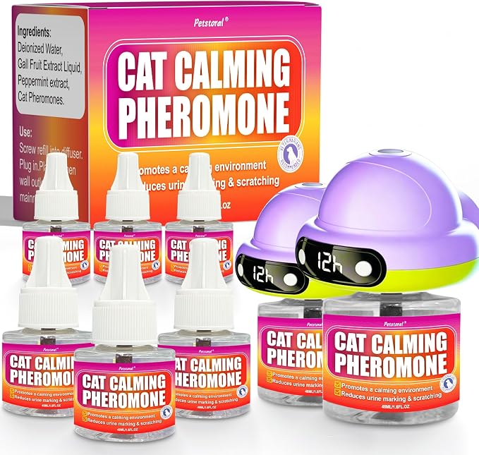 Petstoral Cat Pheromone Diffuser with Timer, Smart 4/8/12/24-Hour Auto-On Schedule, Helps Reduce Anxiety, Urine Spraying, Scratching & Aggression for Multi-Cat Homes (2 Smart Diffuser, 6 Refills)