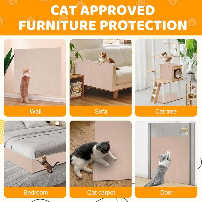 Cat Scratching Mat Self-Adhesive, 78.7'' x 15.8'', Trimmable Cat Scratch Pads Furniture Protector, DIY Climbing Cats Scratching Carpet for Couch, Door Frame or Wall Corner Protector (Khaki)