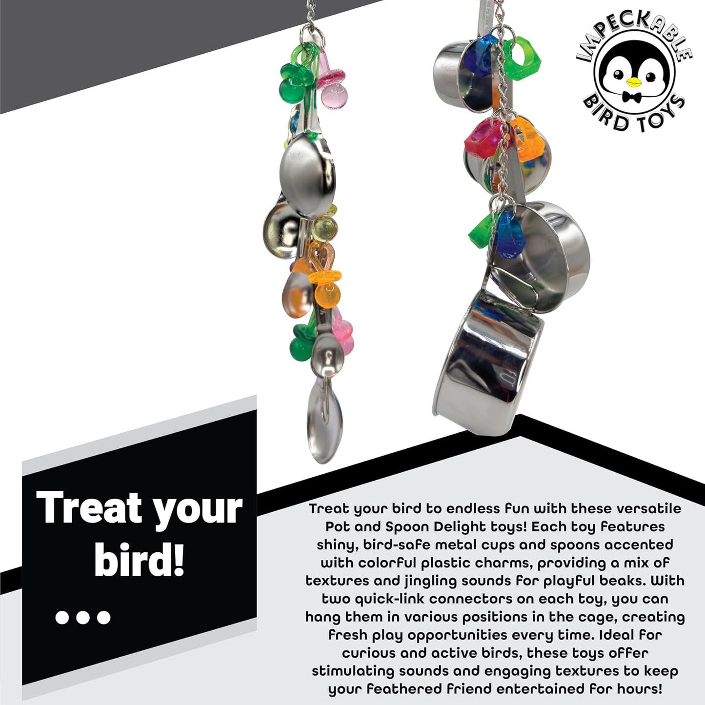 1970 Pk2 Pot and Spoon Delight Features Shiny pots and Spoons with Acrylic Rings and Pacifiers, Handcrafted for African Greys Amazons Macaws