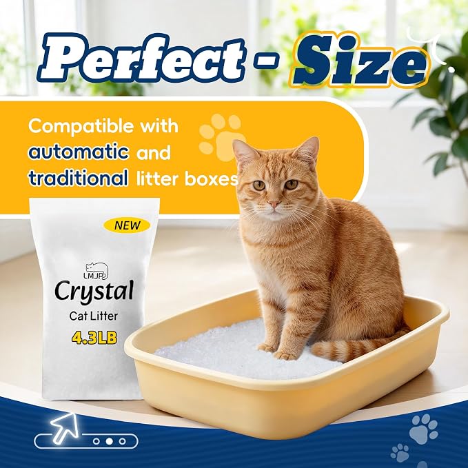 LMJP Crystal Cat Litter with Powerful Odor Control, Non-Clumping, Lasts Up to 2 Months, 8.6lb, Rapid Water Absorption, Unscented & Low Tracking Lightweight White Silica, 2 Pack of 4.3lb