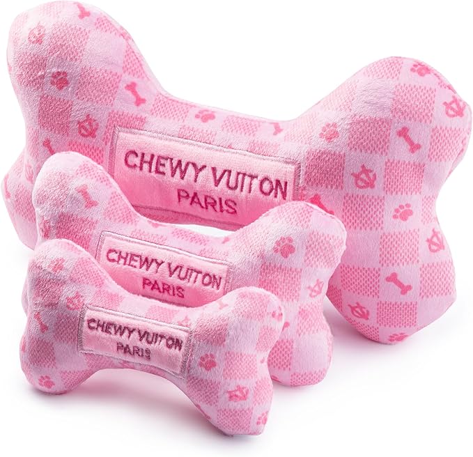 Haute Diggity Dog Chewy Vuiton Bone Plush Squeaky Dog Toy, Soft Durable Designer-Inspired Stuffed Puppy Chew Toys for Small, Medium & Large Dogs, Machine-Washable (Pink Checker) XL