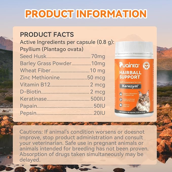 PUAINTA Cat Hairball Control – Alternative to Hairball Gel & Paste, Hairball Remedy for Cats, No Mineral Oil, Easy Capsule Supplement for Hairball Relief, Reduce Shedding, Skin & Coat (90 Count)