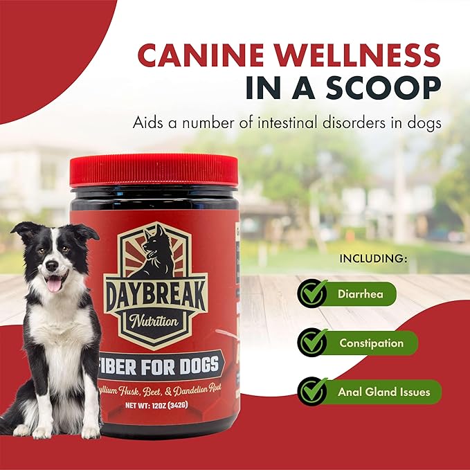 Daybreak Nutrition Fiber for Dogs Psyllium Husk, Beet Root, Dandelion Root, and Prebiotics to Aid in Relief from Diarrhea, Constipation, Anal Gland Issues, and Scoots