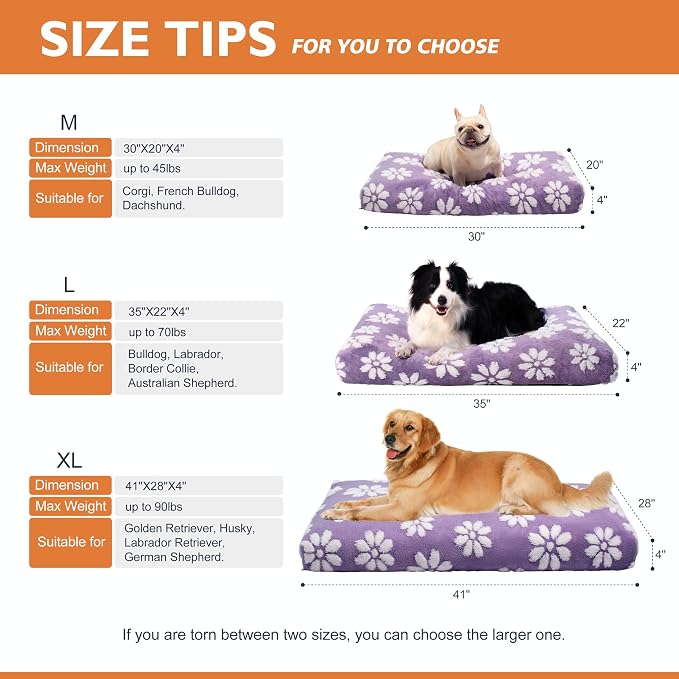 Dog Beds for Small Medium Dogs, Cute Thick Dog Bed for Crate Kennel, Fluffy Pet Bed with Removable Washable Cover and Anti-Slip Bottom, 30"x 20", Purple Flower