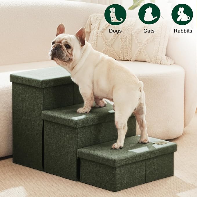 Love's cabin Dog Stairs for High Bed 18" H, Foldable Pet Stairs for Small Medium or Large Dogs Puppy with Storage for Bed or Couch, Cat Dog Steps Ramp with Zip up to 200 lbs, Dark Green, 3 Steps
