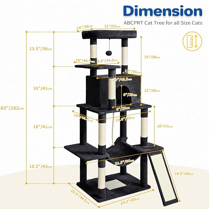 ABCPET Cat Tree Tower 63in Multi-Level Cat Tower for Indoor Cats with Sisal Scratching Posts, Condo, Hammock, Dangling Ball and Extended Platform for Cats to Play, Black