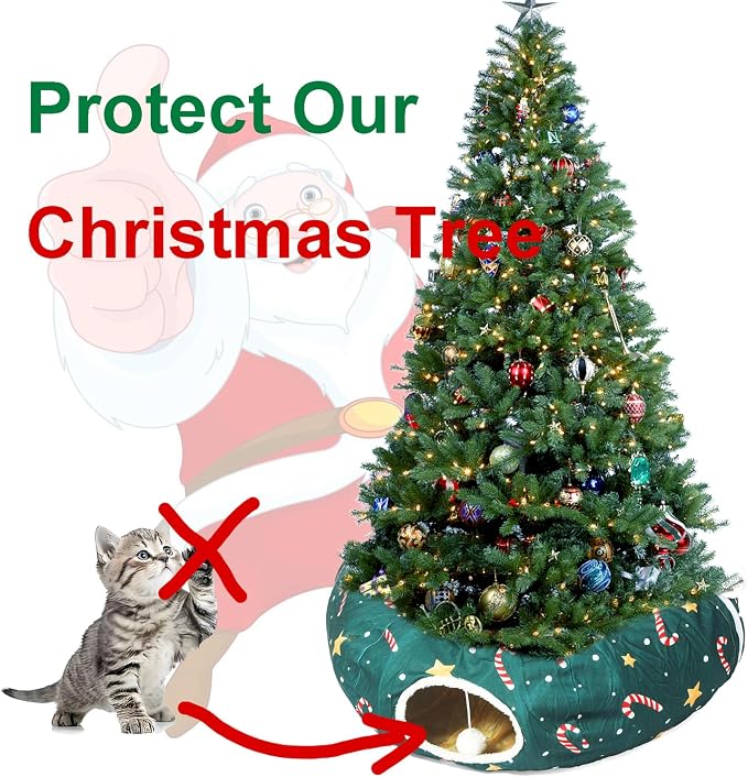 Cat Tunnel Bed in Christmas Style with Star, Crutches Candy, and Snowflakes Patterns - 3FT x 3FT x 9.8 INCH Size Green Decorative for Festive Felines