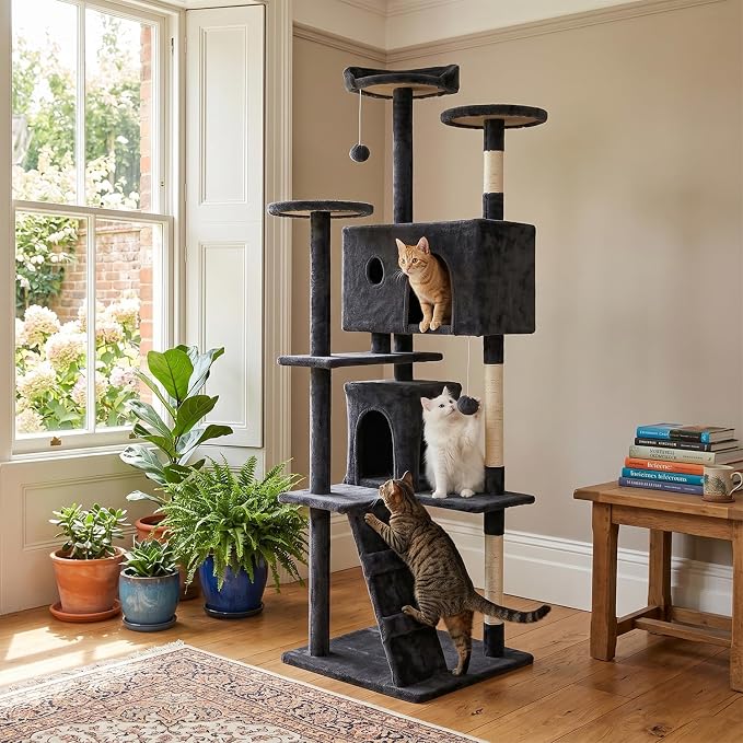 FDW | 70" Cat Tree Tower | Dark Gray | Multi-Level Indoor Activity Center with Sisal Scratching Posts, Condos, Plush Perches, Hanging Cat Toys | Sturdy, Easy to Assemble | for Kittens & Adult Cats