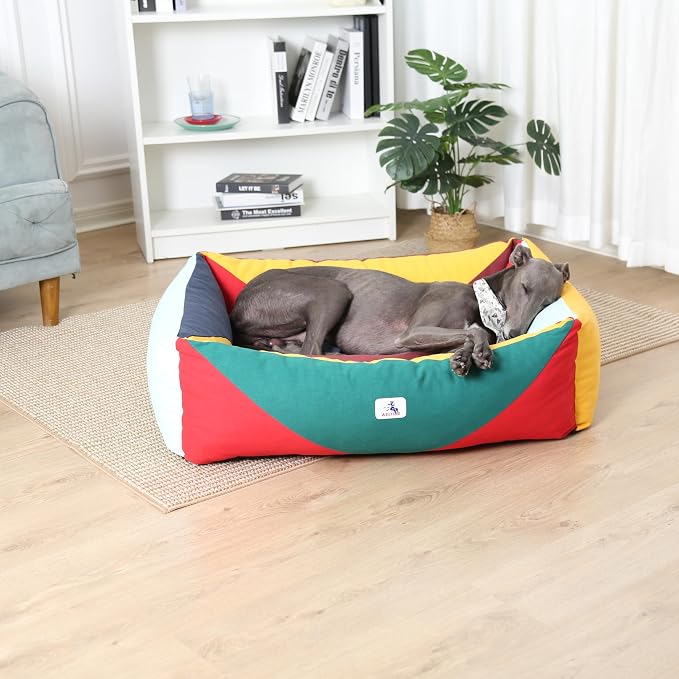 Cotton Canvas Dog Bed, Dog Beds Large Sized Dog, Orthopedic Bed with Washable Removable Cover, Durable 290 GSM Cotton Anti-chewing Pet Bed with Anti-Slip Bottom (38"x30"x12", Red&Yellow&Green)