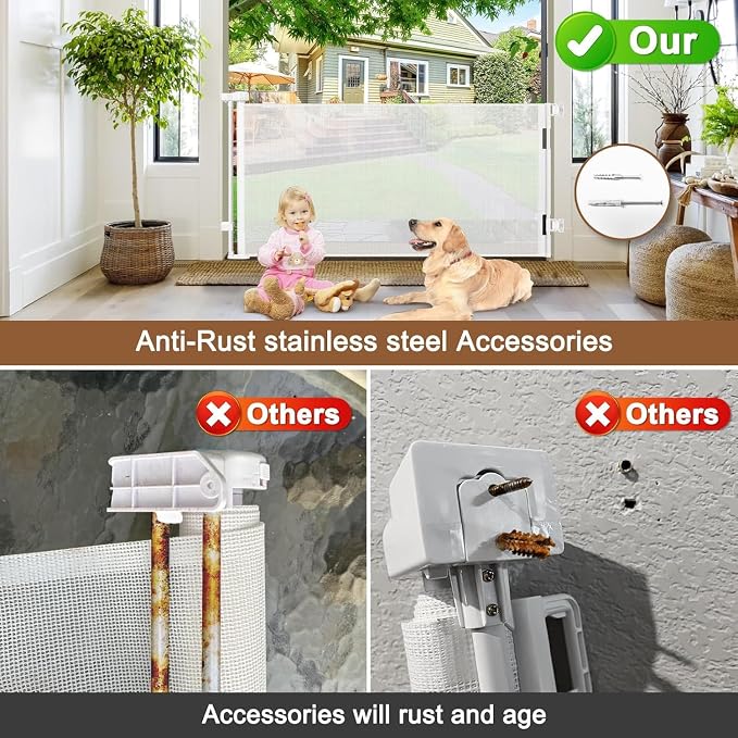 100" Wide Weatherproof Outdoor Retractable Gate for Dogs with No Rust Screws and Rods, Waterproof 8 Ft Extra Long Baby Gates for Large Openings, Scratch-Resistant Mesh Retractable Baby Gates, White
