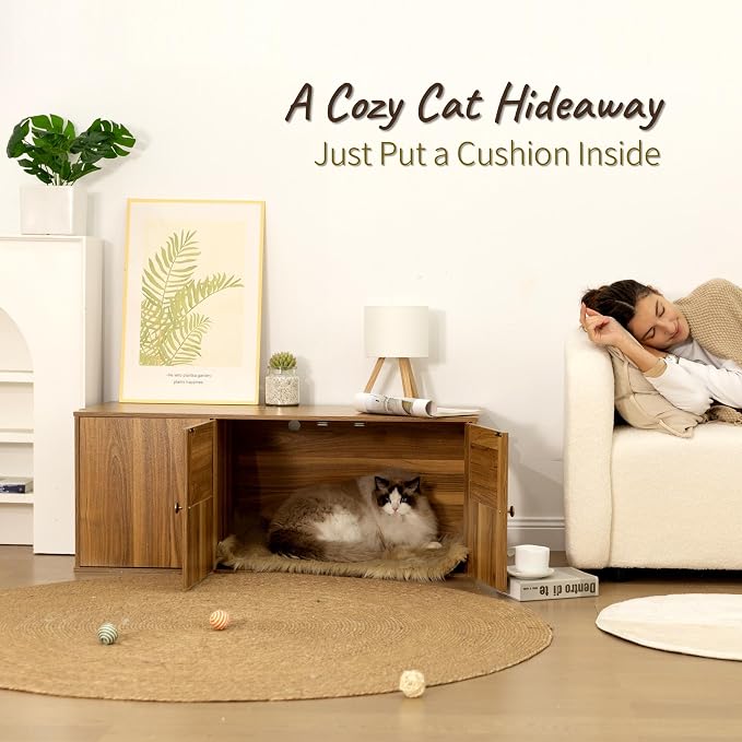 Cat Litter Box Enclosure Furniture with Storage, Hidden Litter Box Cabinet 42.5"L x 18.5"W x 16.9"H, Double as Cat House TV Stand End Table for Living Room, Midcentury Modern Style (Oak, Rattan Doors)