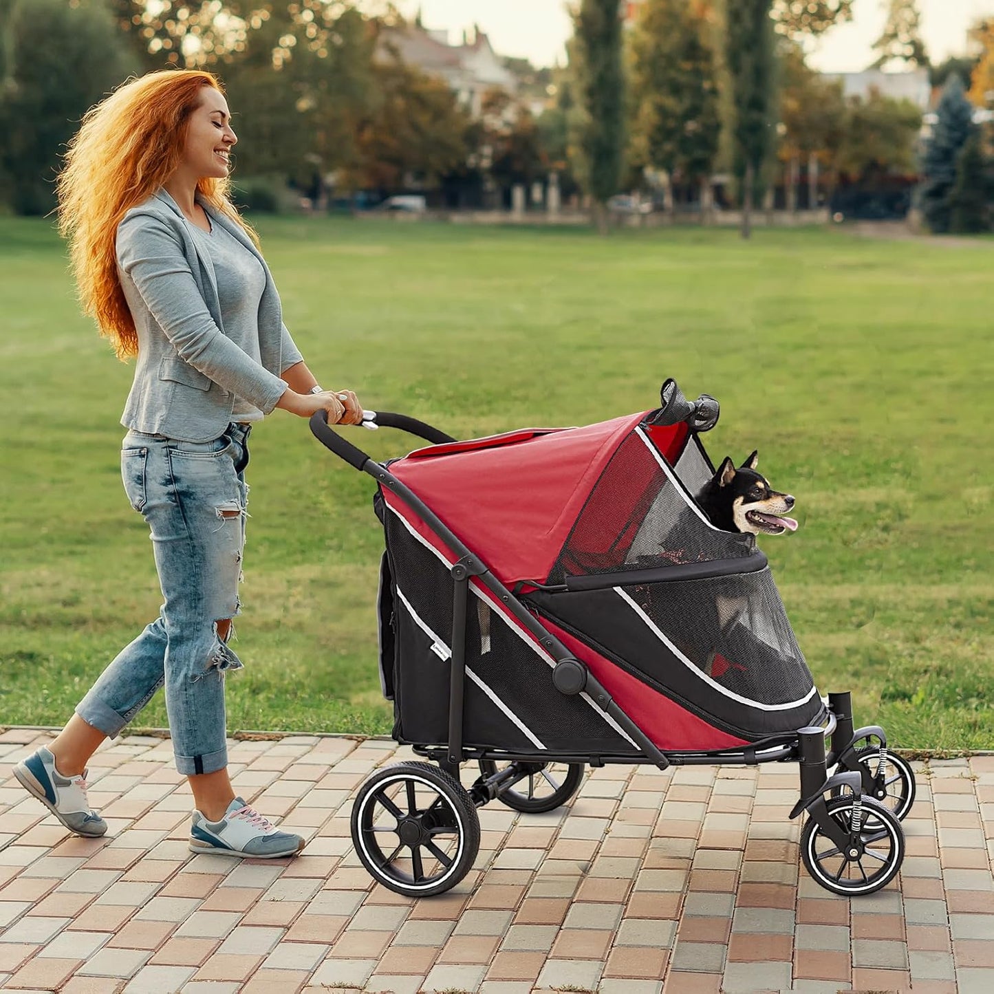 Dog Stroller for Medium/Large Dogs One-Click Folding, Extra Large Pet Stroller for 2 Dogs with Storage Pocket & Shock Absorption, Up to 130 lbs, Red