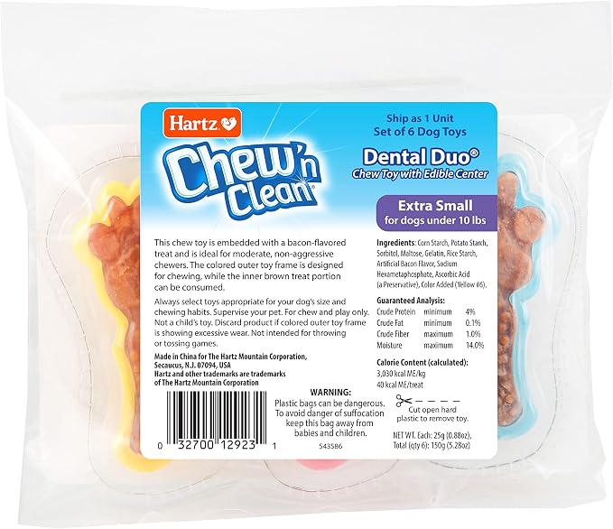 Hartz Chew 'n Clean Dental Duo Dog Treat & Chew Toy, Color Varies, Extra Small, 6 Count