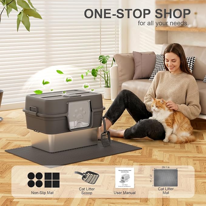 2PACK Stainless Steel Litter Box with Lid, XL Extra Large Litter Box for Big Cats, Enclosed Metal Litterbox High Sided, Easy Cleaning Anti-Urine Leakage, Mat & Filter Pedal & Scoop, Dark Grey
