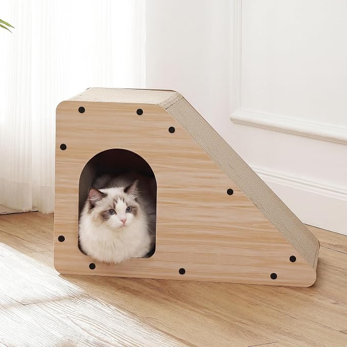 Kento 23.63" Modern Cardboard Cat Cave Scratcher with Catnip, Angled Trapezoid Hideaway House and Scratching Lounge for Indoor Cats, Oak Wood Finish CSR1008I