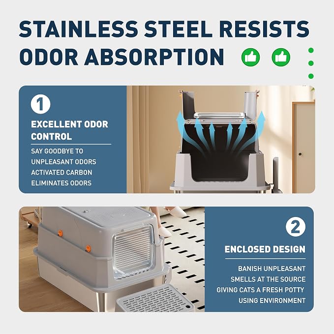 Stainless Steel Cat Litter Box - Gray High-Sided Enclosed Design, Anti-Leak, Reduces-Odors, Non-Sticky, Easy to Clean, Metal Cat Litter Box, High Side Includes Scoop and Steps, Large Capacity Kitty