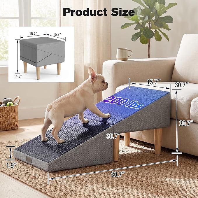 2-in-1 Folding Dog Ramp & Stairs for Small Dogs and Cats – Split Ottoman for Couch/Bed, with Removable Washable Anti-Slip Mat & Cleaning Brush (Light Grey Dog Ramp)