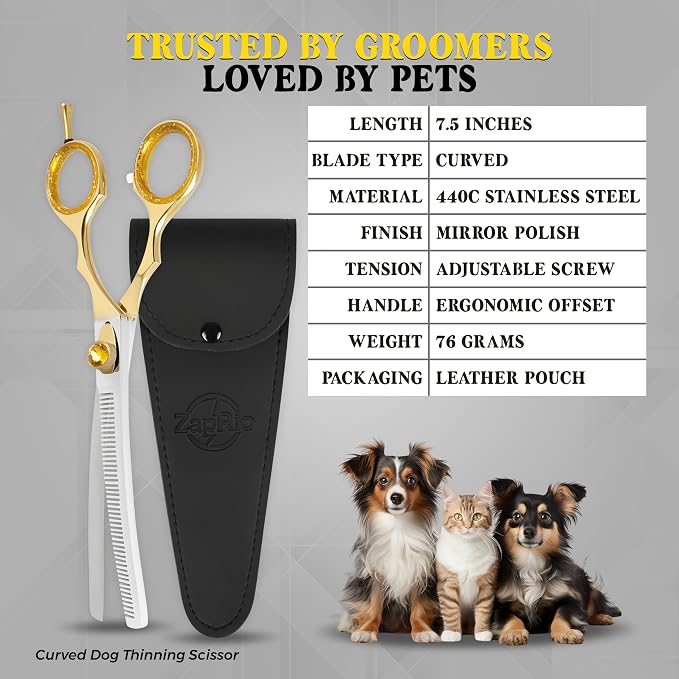 7.5” Curved Thinning Shears for Dogs and Cats – 34 Tooth Professional Pet Grooming Scissors – Smooth, Quiet Blending Shears for Face, Ears, Chest and Legs, Ergonomic Design for Home and Pro Use