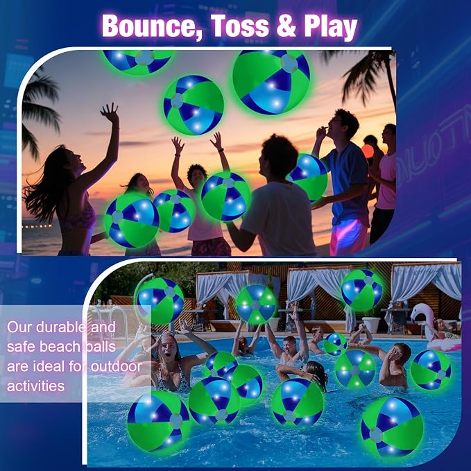 MiniInflat 12 Pcs Light up Beach Balls 16'' Jumbo Pool LED Balls Glow in the Dark Neon Giant Inflatable for Summer Hawaiian Tropical Theme Beach Party Decor Water Accessory (Green)