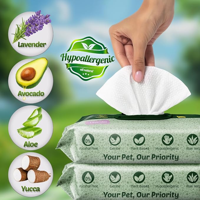 Petazy Pet Wipes for Dogs and Cats – 400 Count (8x8in) Hypoallergenic, Deodorizing Dog Wipes for Paws, Ears and Butt | XL with Aloe & Coconut Oil, Lavender Scented | Includes 4 Grooming Glove Wipes