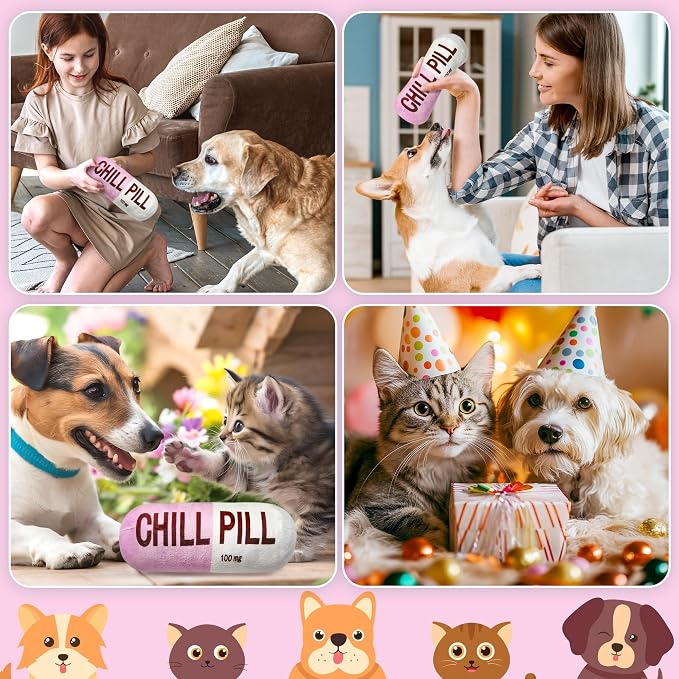 CUweipeng Funny Dog Squeaky Toy - Pink Chill Pill Capsule Shaped Teething Squeak Plush Pet Toy Bite Kick Indoor Interactive Training Play Supply for Small Dog Cat Present Pet Lover Gift Photo Props