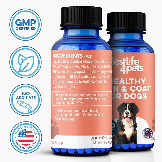 Natural Dog Skin and Coat Supplement – Gentle Itch Relief with Dry Skin, Rash, or Allergy Symptoms – Dog Shedding Supplement for Promoting Hair Regrowth – 400 Tiny Odorless Pills