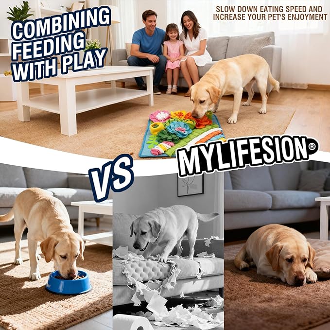 MYLIFESION Snuffle Mat 15.4''×15.4'' for Small & Medium Dogs, Slow Feeding Puzzle Sniff Mat for Cats Rabbits, Mentally Stimulating Scent Training, Portable Durable Pet Food Mat (Lightweight Style)