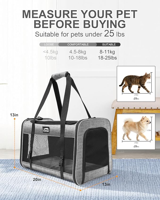 Soft-Sided Large Cat Carrier for 2 Cats, Spacious Foldable Pet Travel Carrier for Large Cats up to 25 Lbs, Double Cat Bag with Shoulder Strap, 20x13x13 Inch, Fits Maine Coon and Small Dogs, Grey