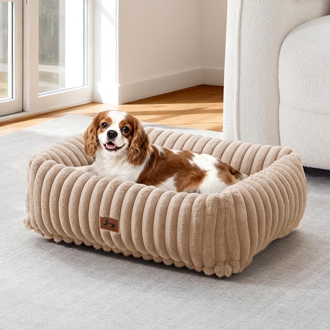 Washable Dog Bed Small Medium Size Dog, Rectangle Orthopedic Pet Bed for Car and Indoor,Fluffy Memory Foam Dog Beds with Anti-Slip Bottom,Camel(25x21x7inchs)