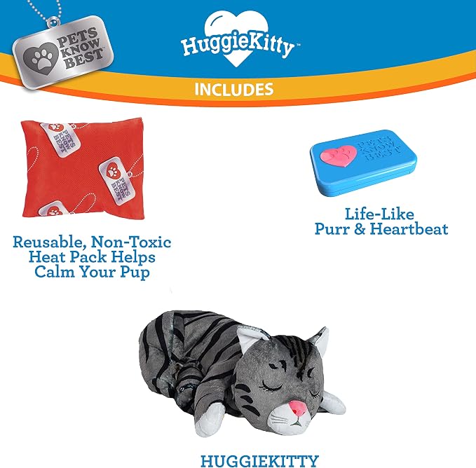 HuggieKitty | Comfort Purring Companion with Heartbeat Sleep Aide for Cats & Kittens, Heating for Calming Relief, Carrier & Behavioral Training Essential, Breeds, Pet's Know Best | Grey