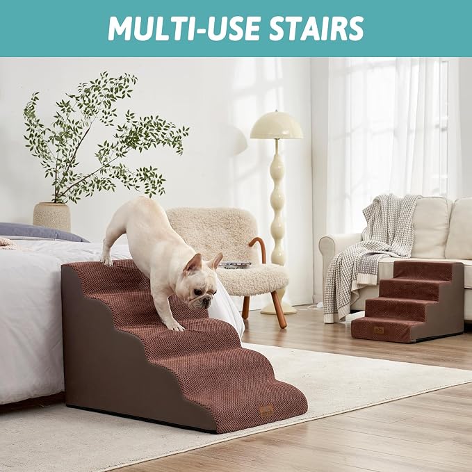 COZY KISS Extra Wide Dog Stairs 19.7" Width, Large Pet Step for Small Medium Dog, Puppy or Cat, Ramp for High Bed or Car, High Density Foam Ladder, Stable, 5 Step, 19.7x33x22.4 inch, Brown