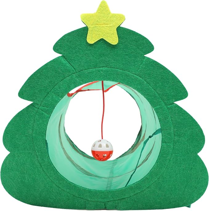 Christmas Tree Cat Tunnel Toys, 22" Foldable Indoor Cat Maze Tunnel with Crinkle Bell Ball for Kittens Puppy Small Pets Playing (Christmas Tree)