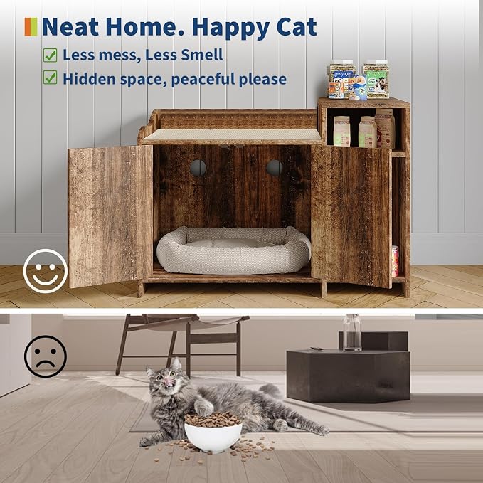 Garvee Cat Litter Box Enclosure Furniture Wooden Hidden Litter Box Cabinet with Vent Door Left Side Storage Drawer Shelf Small Storage Cabinet Raised Legs Top Protectors