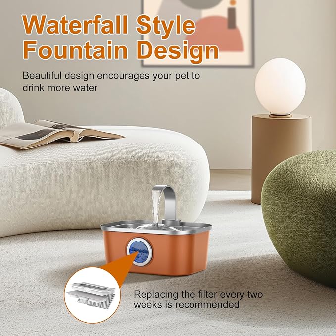 Bobo&Dragon Automatic Stainless Steel Water Fountain for Cat & Dog in Amber Orange 124oz/3.5L Quiet Faucet Flow Water Dispenser, Fresh Filtered Hydration, Easy Clean, Leak-Proof for Indoor Pets