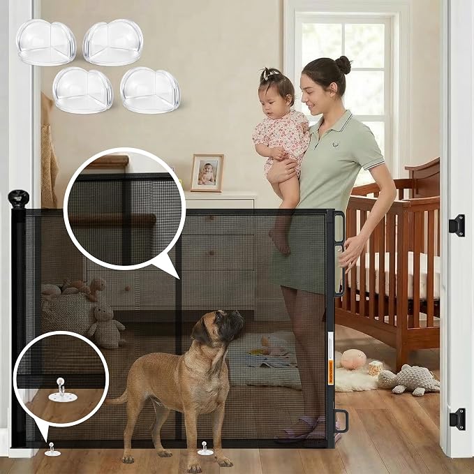Retractable Baby Gate - 118" Extra Wide Mesh Dog Gate with Support Rods - 34" Tall for Stairs, Doorways, Hallways - Drill or No-Drill - Pet & Cat Gate - Outdoor/Indoor (Black, 9.84 ft)