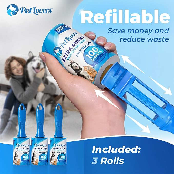 PetLovers Extra Sticky Lint Roller Value Set 300 Sheets for Pet Hair Removal, Dog and Cat Lint Remover 3 Pack