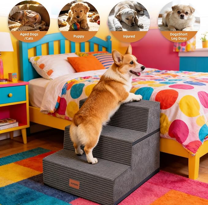 Dog Stairs for Small Dogs, 13.5" H, 3-Step Pet Steps for Bed Couch Sofa and Chair, Non-Slip Balanced Pet Ramp for Injured & Senior Pets with Washable Cover and Durable High Density Foam, Grey