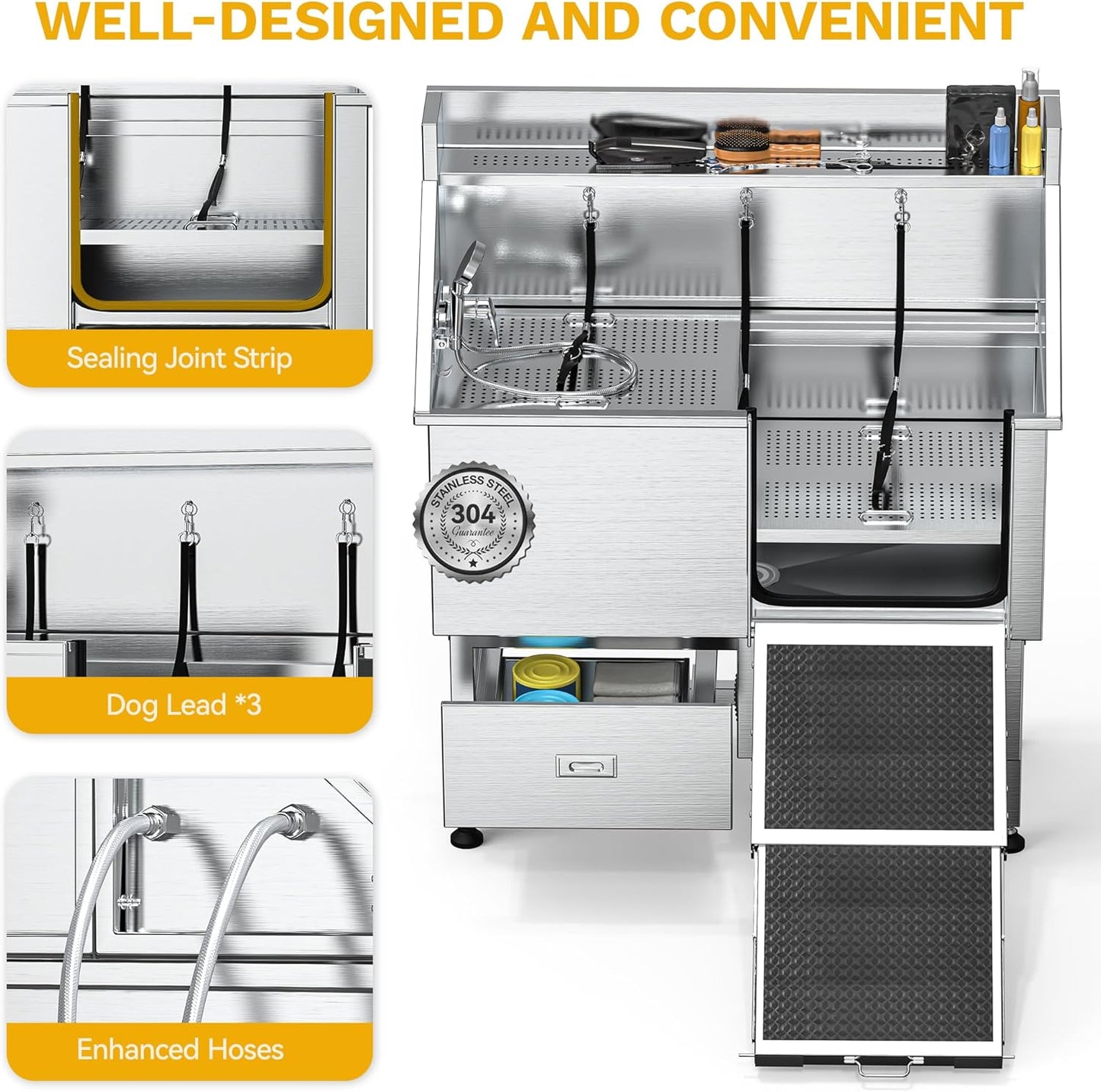 DWVO Professional Dog Bathing Station Stainless Steel 304 Dog Bathtub 50in for Grooming w/Left Door Ramp, 2 Storage Drawers, Faucet, Grate, Pet Washing Station for Large, Medium, Small Pets