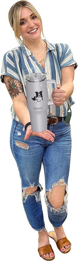SERENGETI 40 Oz Ultimate Tumbler with Handle and Straw - Vacuum Insulated Tumbler with Straw and Lid - Stainless Steel Travel Mug for Pet Lovers - 3D Designs of your favorite Dog (Border Collie)