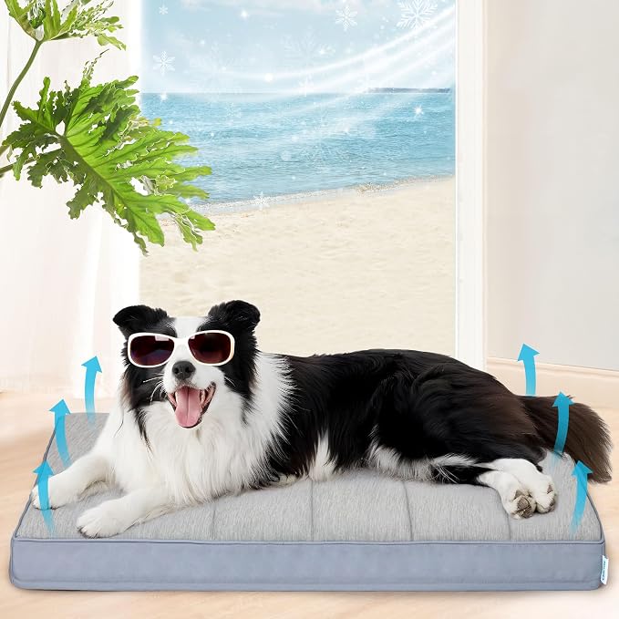 Cooling Dog Bed for Large Dogs - Orthopedic Pet Beds with Memory Foam, QMAX>0.5, Waterproof Removable Washable Cover for Hot Weather, Gery, 35" L x 23" W x 3" H
