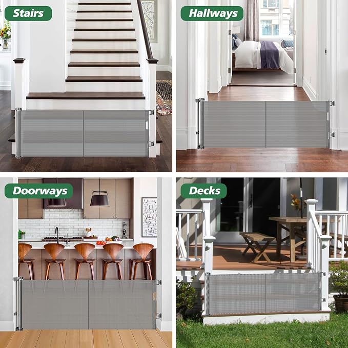 Reinforced 24 Inch Tall Retractable Baby Gates, Short Dog Gates to Step Over, Expands 0-55 Inches Wide, Mesh Pet Gate with Support Rods, Small Puppy Gates for the House, Gray