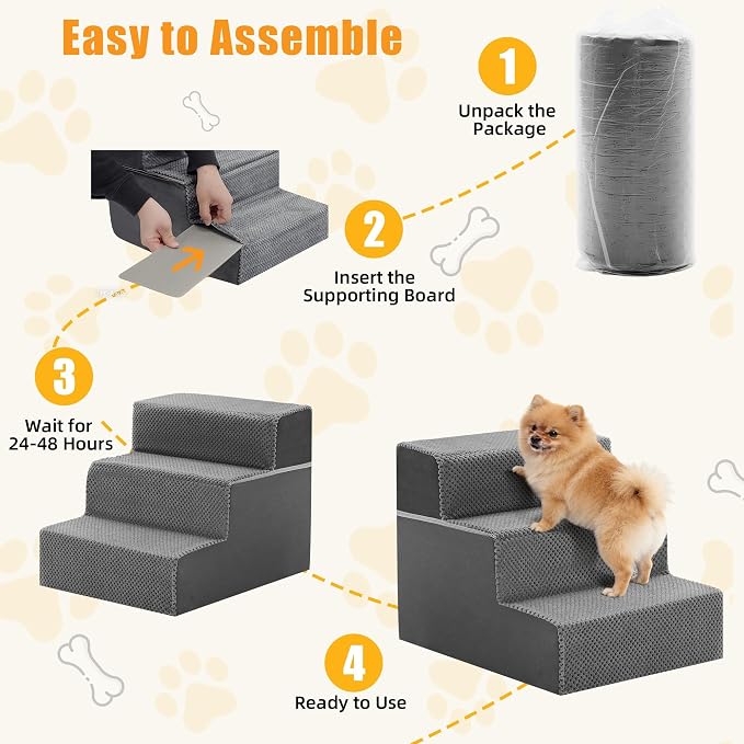 3-Step Dog Stairs for Small Dogs and Cats, 14" H Dog Steps for Couch, Sofa, Chair, Non-Slip Sturdy Pet Steps, Pet Ramp for High Bed Indoor, Grey
