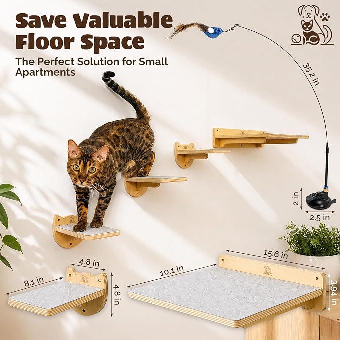 Snuggle & Play Cat Wall Shelves & Climbing System β Modern Furniture Set with 3 Steps & Perch for Indoor Cats, Includes Wand Toy